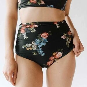 NEW Albion Fit Rose Black Ruched High Waisted Swim Bottoms Size Small